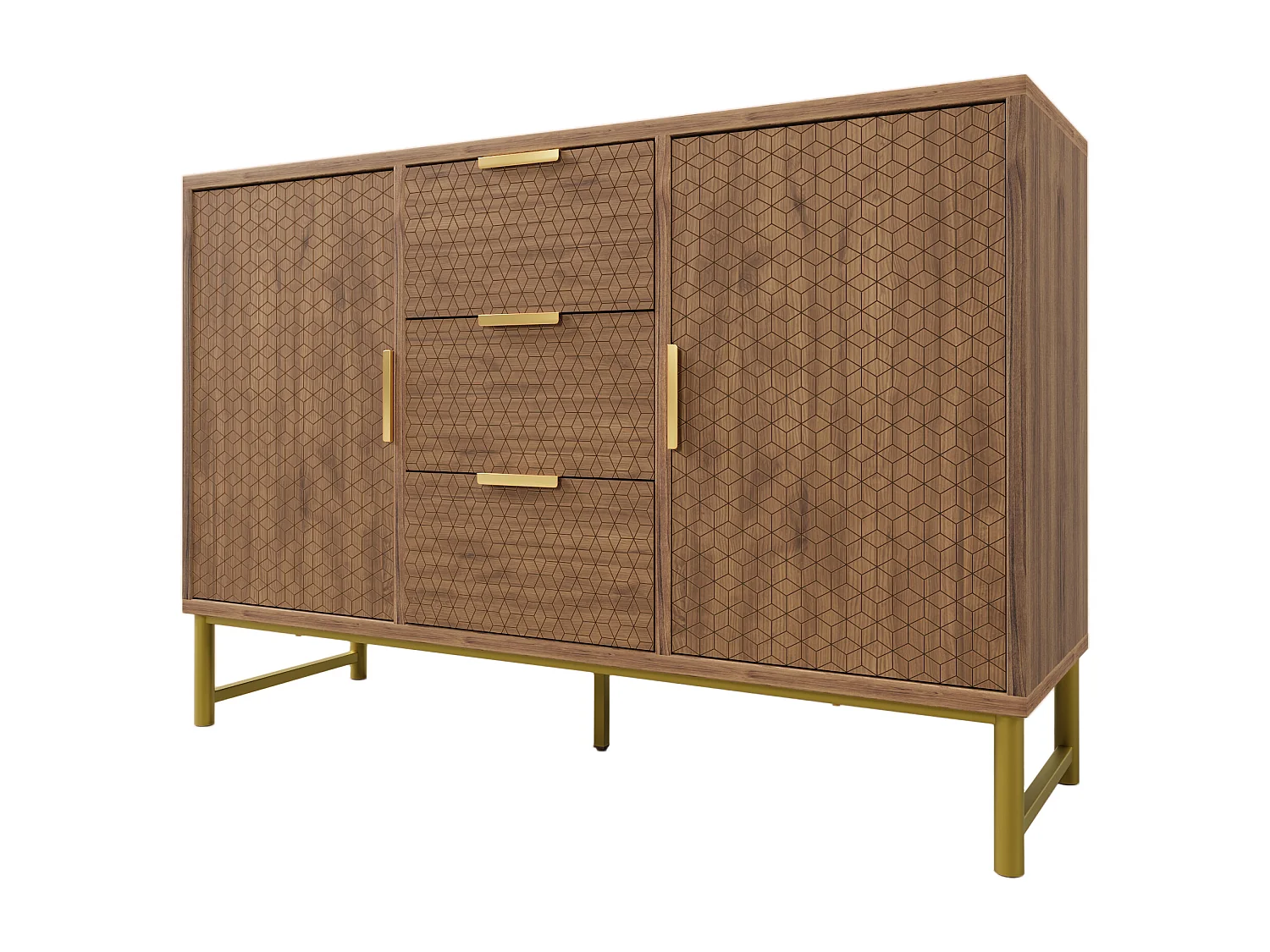 Buffet avec poignées dorées et 3 tiroirs et 2 portes Structure en relief Etagères réglables Noyer