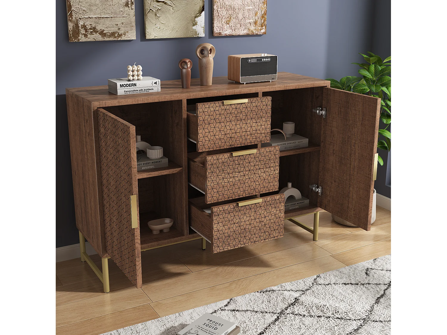 Buffet avec poignées dorées et 3 tiroirs et 2 portes Structure en relief Etagères réglables Noyer