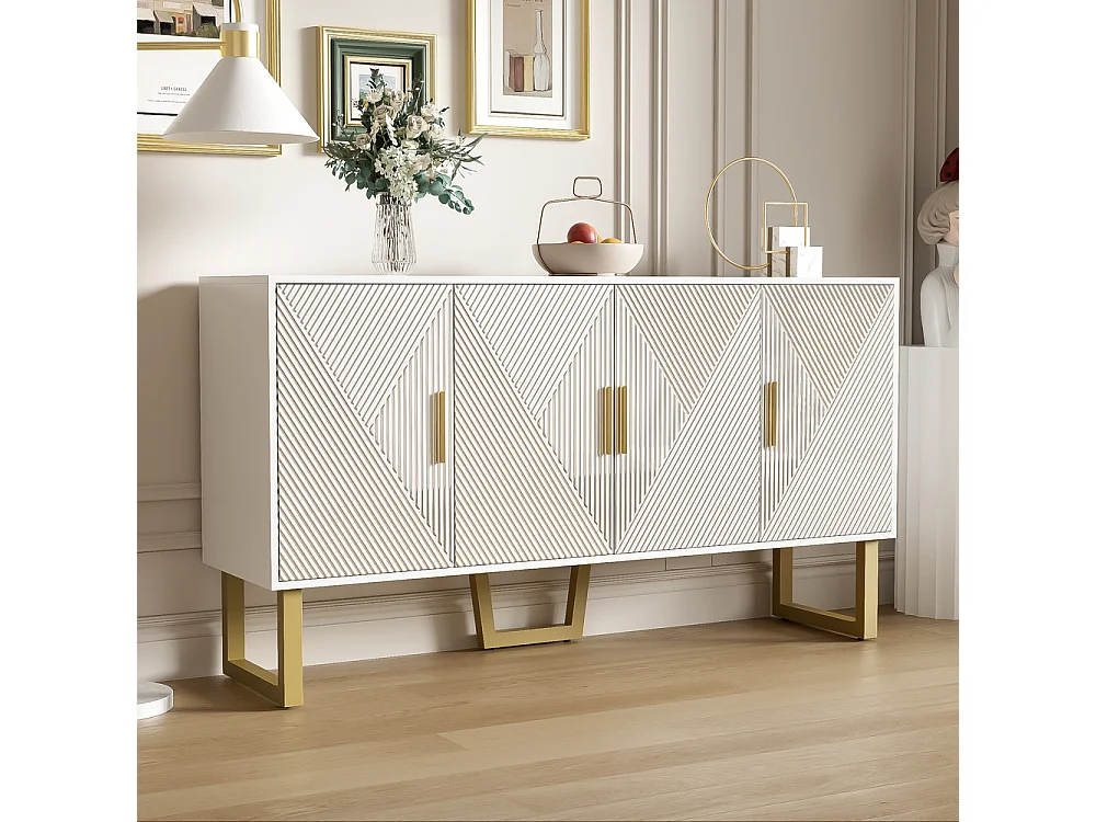 Buffet moderne luxe 4 portes texturées brillantes poignées dorées étagères réglables en hauteur Blanc