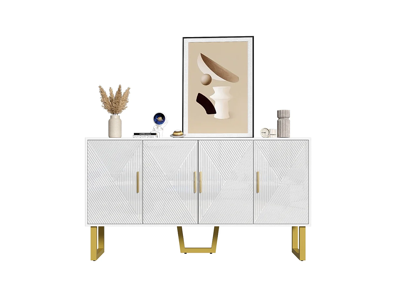 Buffet moderne luxe 4 portes texturées brillantes poignées dorées étagères réglables en hauteur Blanc