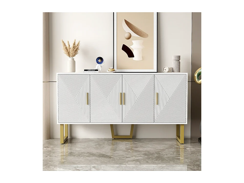 Buffet moderne luxe 4 portes texturées brillantes poignées dorées étagères réglables en hauteur Blanc