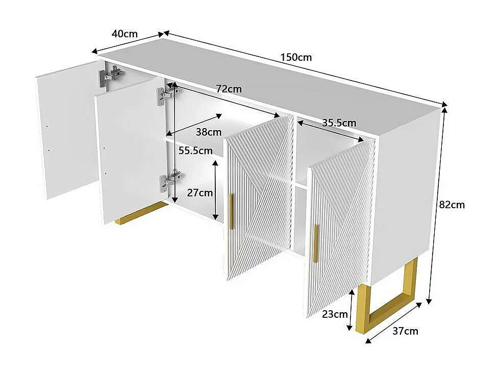 Buffet moderne luxe 4 portes texturées brillantes poignées dorées étagères réglables en hauteur Blanc