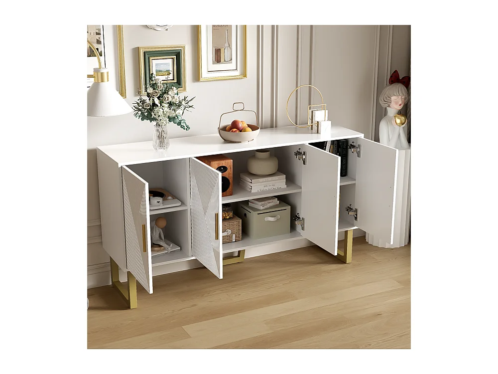 Buffet moderne luxe 4 portes texturées brillantes poignées dorées étagères réglables en hauteur Blanc
