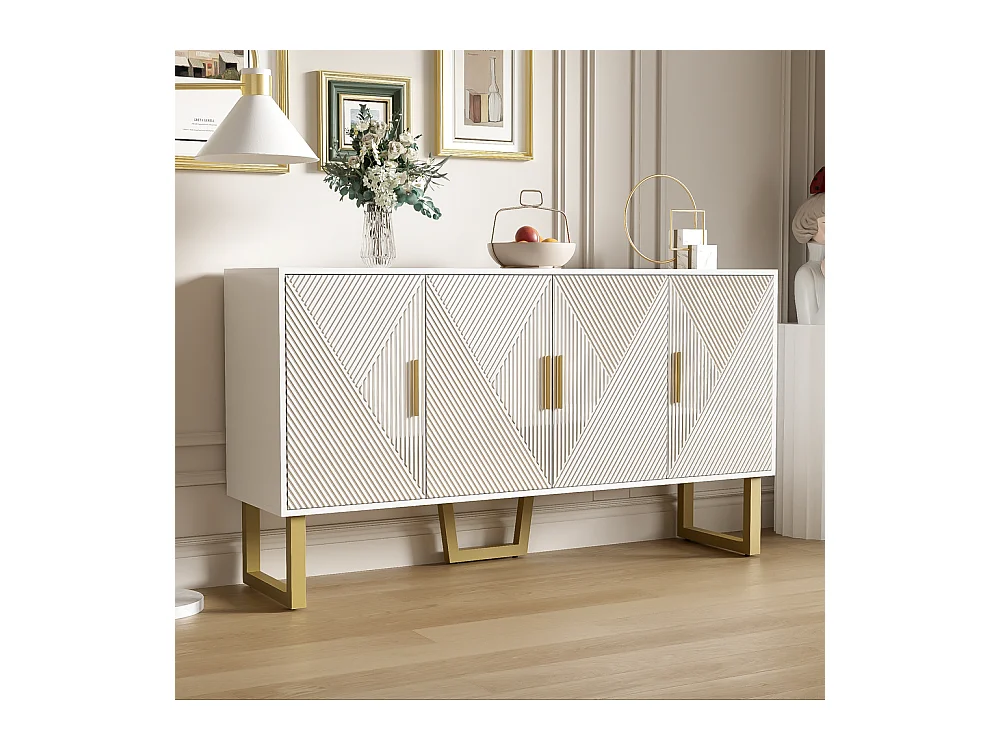 Buffet moderne luxe 4 portes texturées brillantes poignées dorées étagères réglables en hauteur Blanc