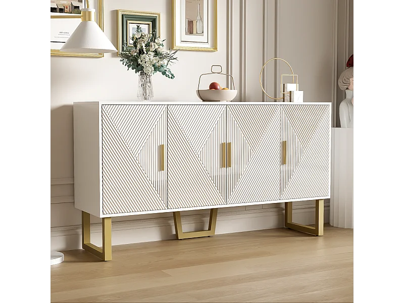 Buffet moderne luxe 4 portes texturées brillantes poignées dorées étagères réglables en hauteur Blanc