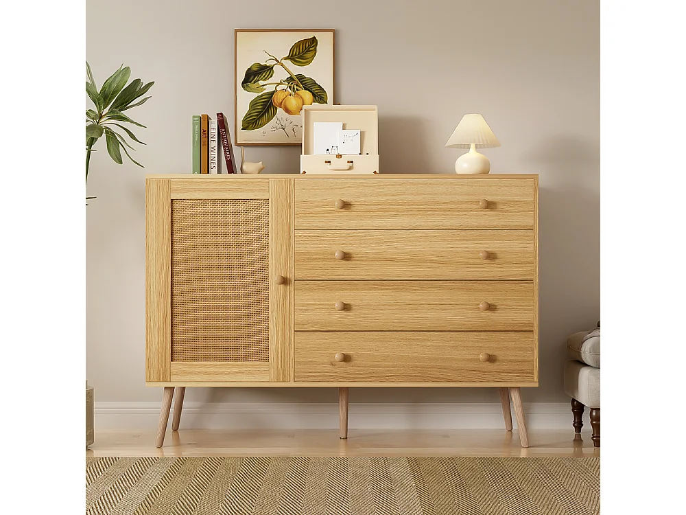 Buffet Style bois indigène avec 4 tiroirs et 1 porte d'armoire Marron