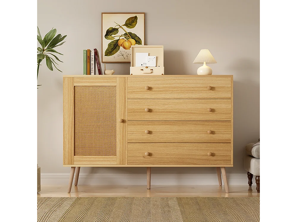 Buffet Style bois indigène avec 4 tiroirs et 1 porte d'armoire Marron