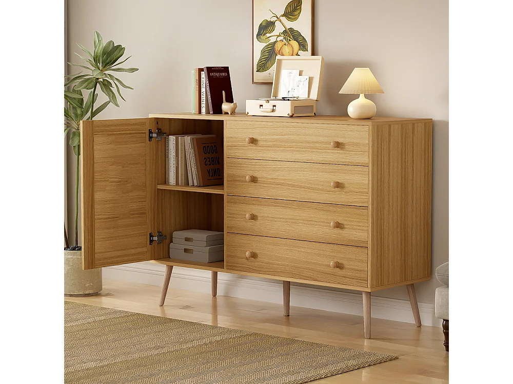 Buffet Style bois indigène avec 4 tiroirs et 1 porte d'armoire Marron