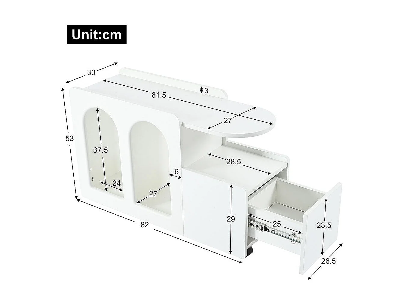 Buffet avec roulettes chariot de rangement polyvalent design simple arcs arrondis Blanc