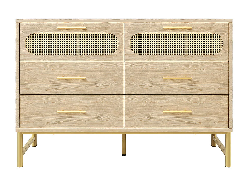 Buffet avec poignées dorées et 6 tiroirs Protection contre l'inclinaison Bordure en rotin Chêne
