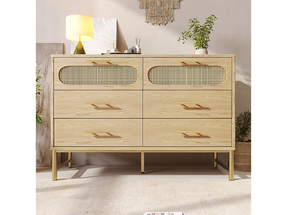 Buffet avec poignées dorées et 6 tiroirs Protection contre l'inclinaison Bordure en rotin Chêne