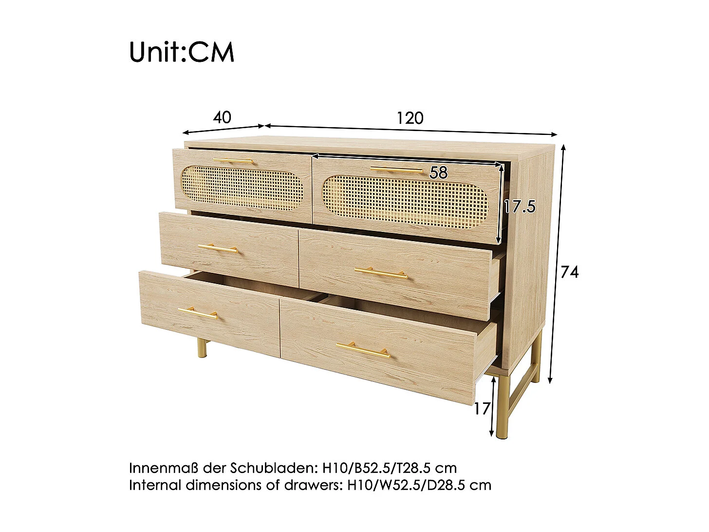 Buffet avec poignées dorées et 6 tiroirs Protection contre l'inclinaison Bordure en rotin Chêne