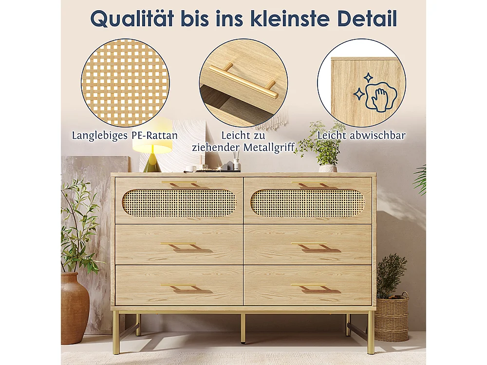 Buffet avec poignées dorées et 6 tiroirs Protection contre l'inclinaison Bordure en rotin Chêne