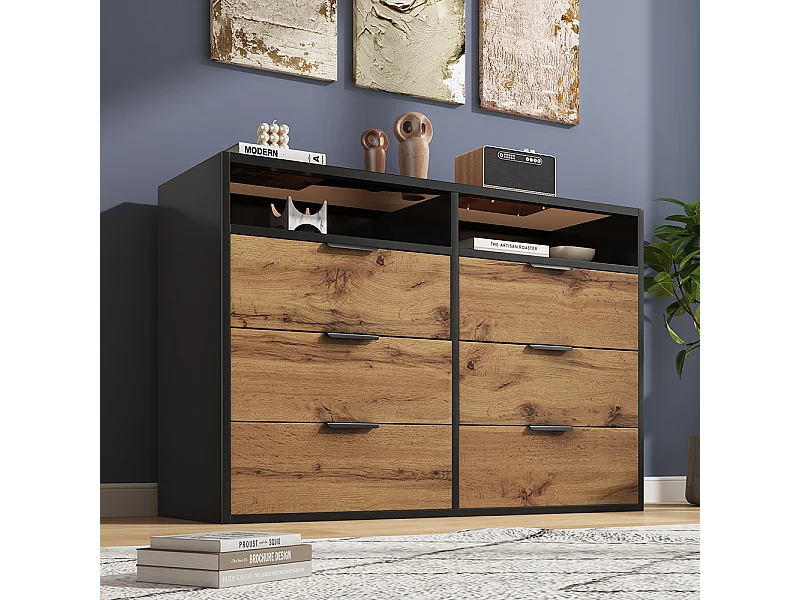 Buffet avec poignées en métal 6 tiroirs et 2 compartiments Façades en verre ambré Chêne