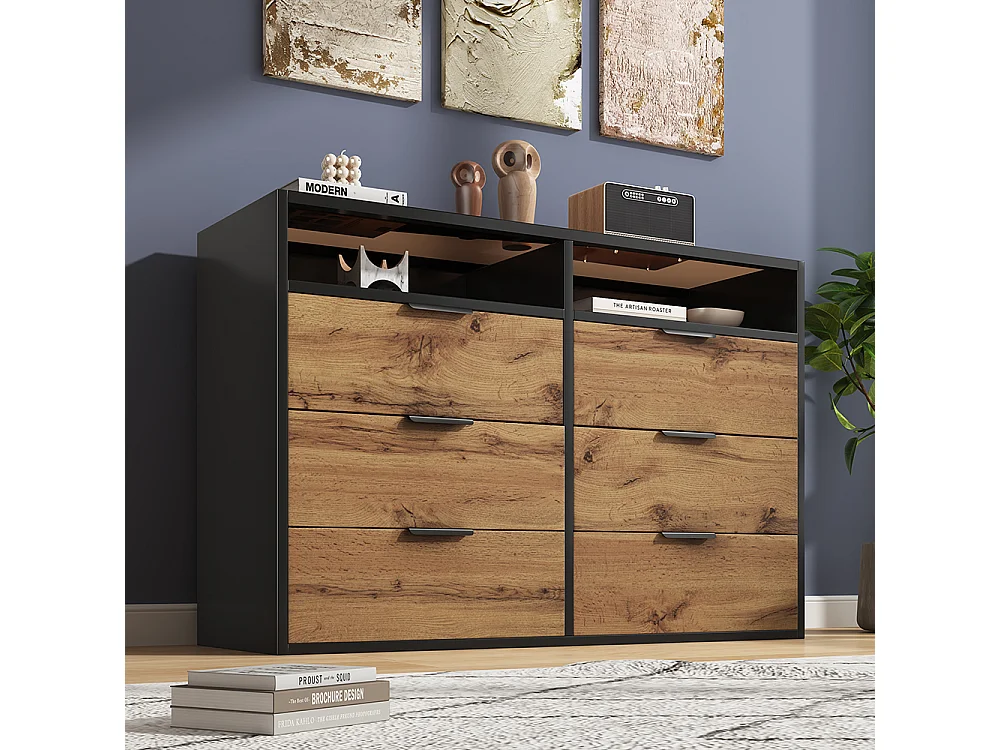 Buffet avec poignées en métal 6 tiroirs et 2 compartiments Façades en verre ambré Chêne