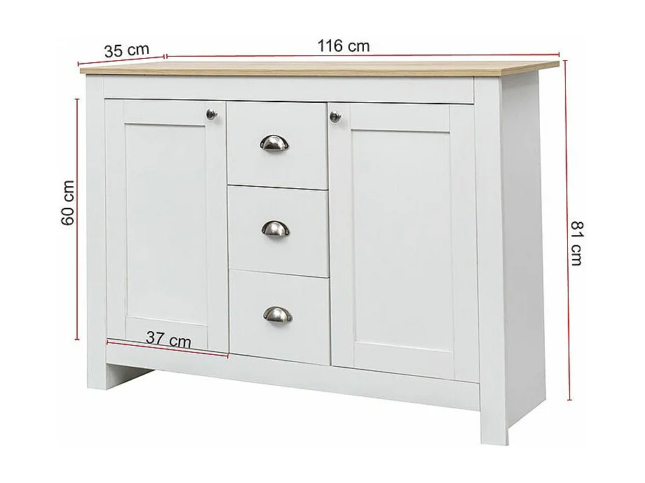 Buffet avec 2 portes et 3 tiroirs Avec poignées argentées étagère réglable charnières en Soft-Close Blanc