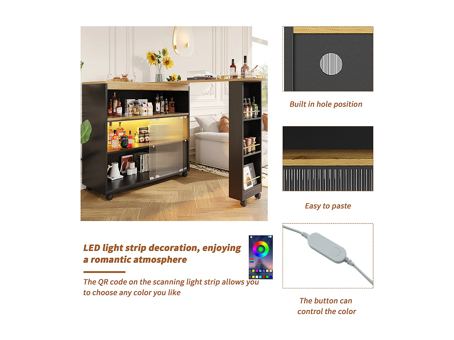 Buffet Table de bar extensible avec rangement avec LED Noir