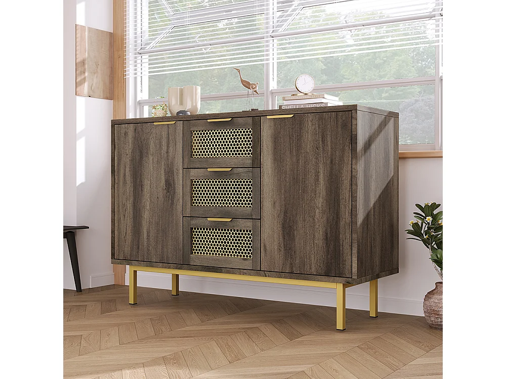 Commode avec 3 tiroirs et 2 portes Sideboard brun foncé poignées métalliques armoire polyvalente pour l'entrée la chambre à coucher