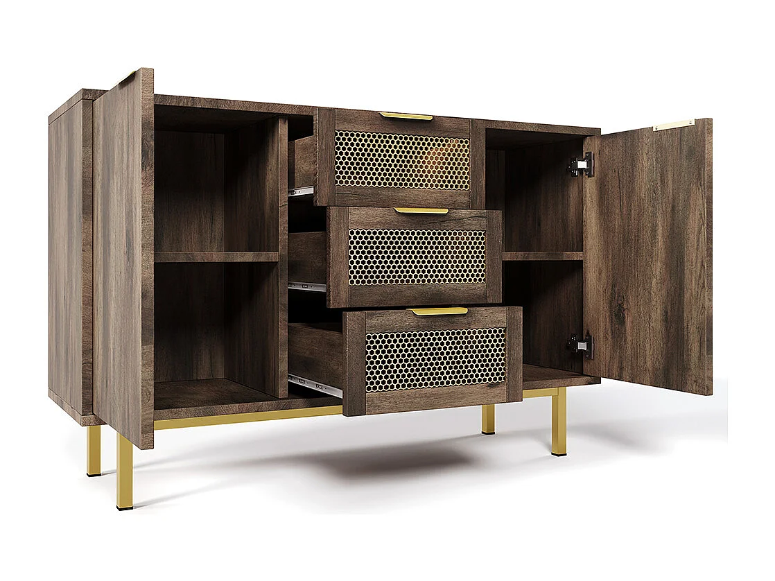 Commode avec 3 tiroirs et 2 portes Sideboard brun foncé poignées métalliques armoire polyvalente pour l'entrée la chambre à coucher