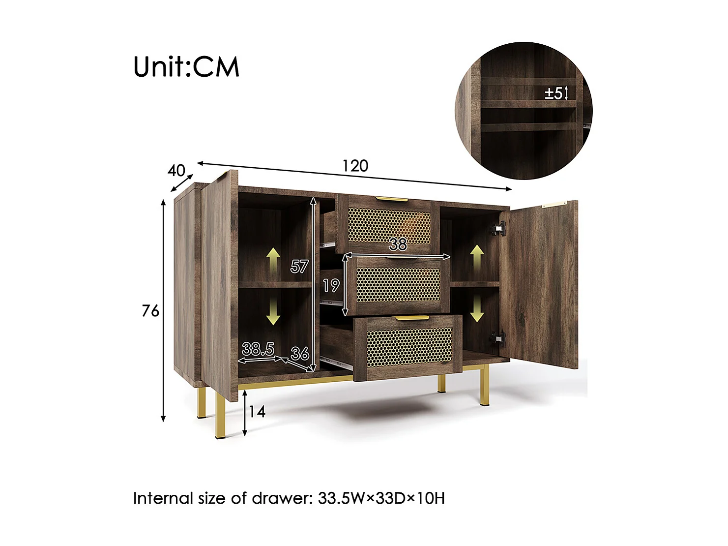 Commode avec 3 tiroirs et 2 portes Sideboard brun foncé poignées métalliques armoire polyvalente pour l'entrée la chambre à coucher