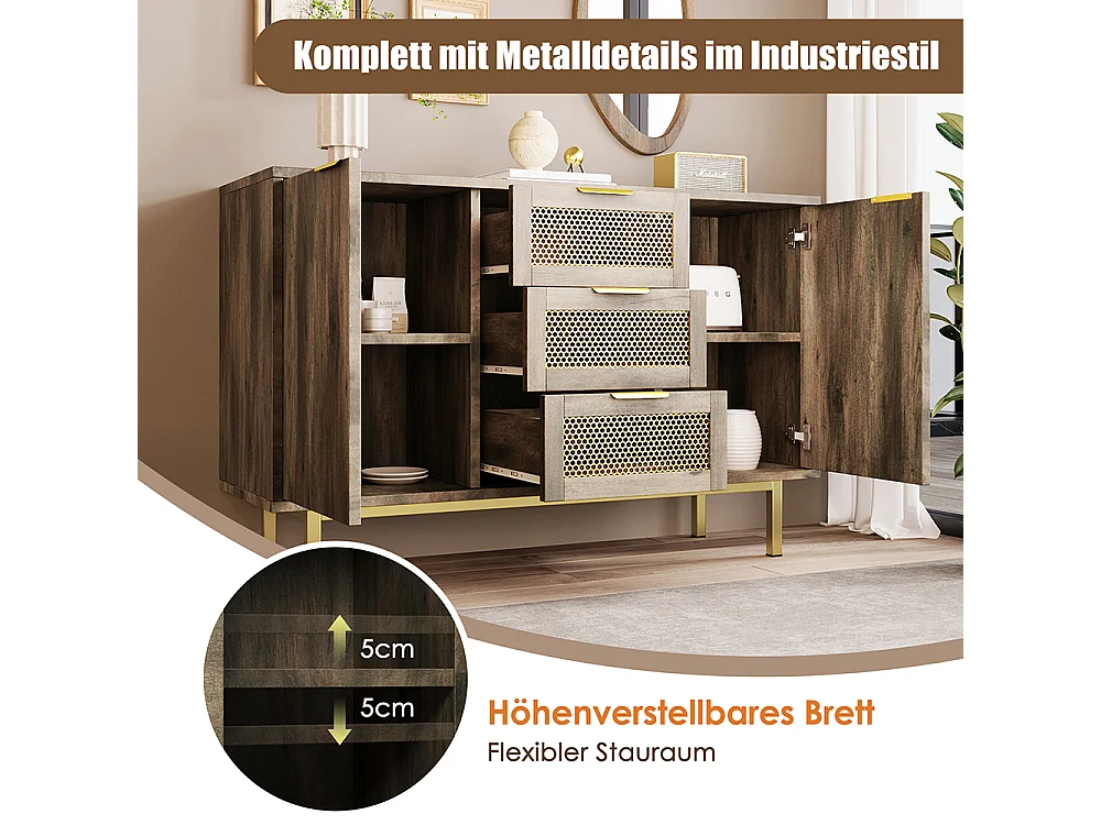 Commode avec 3 tiroirs et 2 portes Sideboard brun foncé poignées métalliques armoire polyvalente pour l'entrée la chambre à coucher