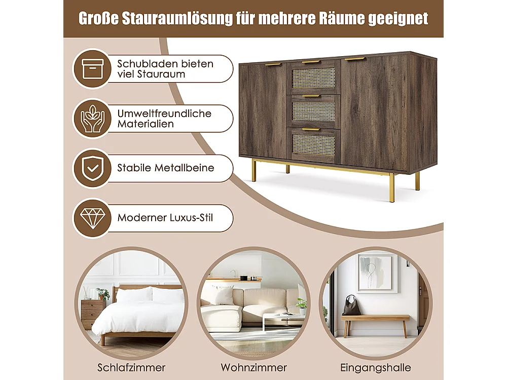 Commode avec 3 tiroirs et 2 portes Sideboard brun foncé poignées métalliques armoire polyvalente pour l'entrée la chambre à coucher