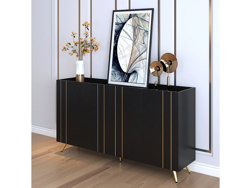Buffet avec étagères réglables bandes métalliques dorées Noir