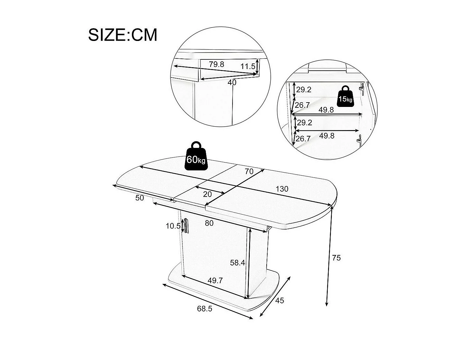 Table de salle à manger ovale extensible avec espace de rangement Table basse Multifonctionnelle peu encombrante Poignée argentée Blanc