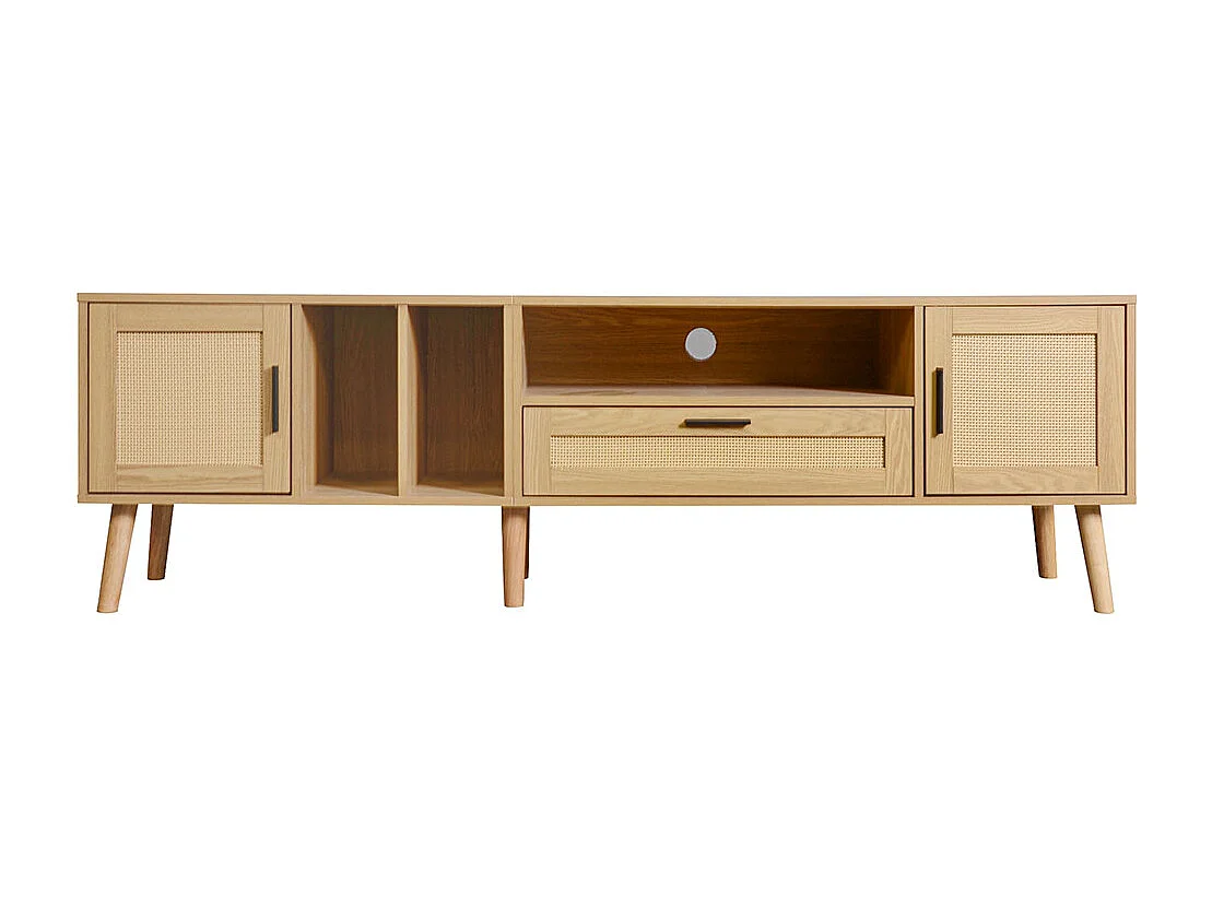 Meuble TV avec décoration en rotin 2 portes et un tiroir pieds en bois massif