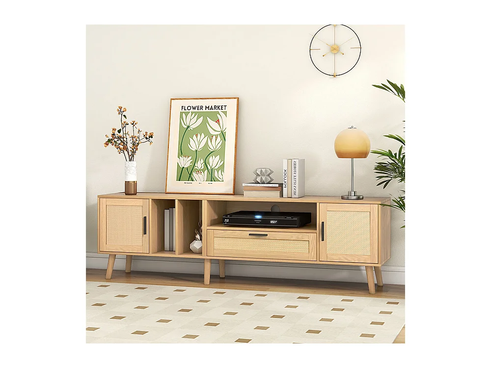 Meuble TV avec décoration en rotin 2 portes et un tiroir pieds en bois massif