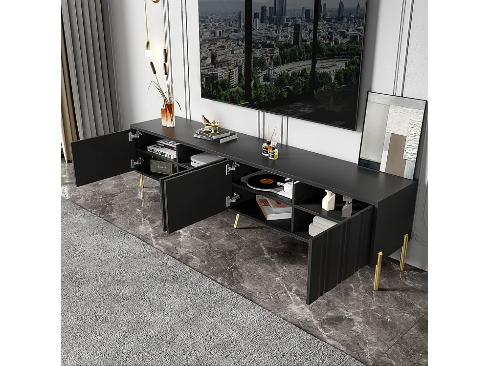 Meuble TV design de porte rainuré pieds de table dorés Noir
