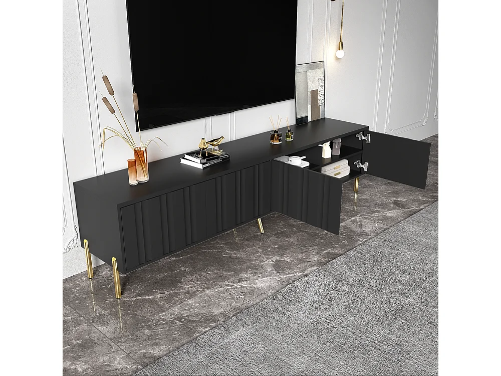 Meuble TV design de porte rainuré pieds de table dorés Noir