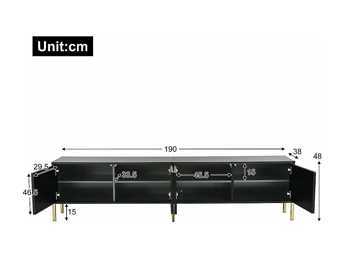 Meuble TV design de porte rainuré pieds de table dorés Noir