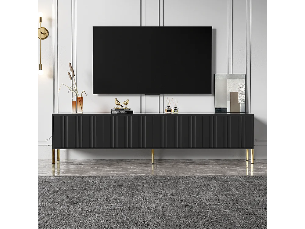 Meuble TV design de porte rainuré pieds de table dorés Noir