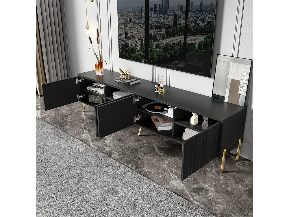 Meuble TV design de porte rainuré pieds de table dorés Noir