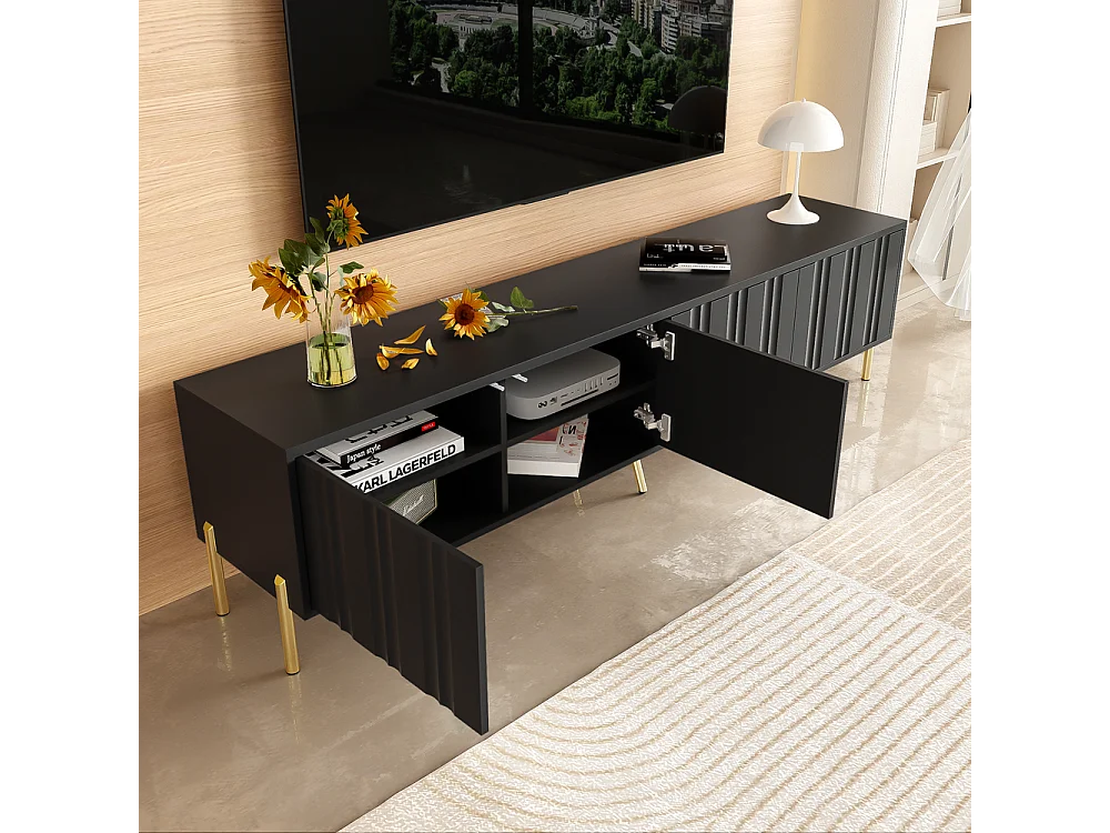 Meuble TV design de porte rainuré pieds de table dorés Noir