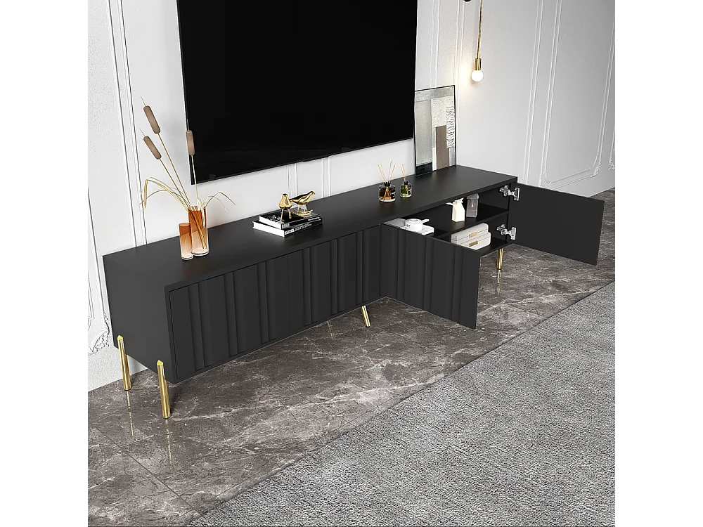 Meuble TV design de porte rainuré pieds de table dorés Noir