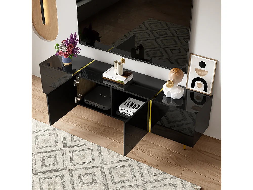 Meuble TV brillante avec 4 portes moderne et sobre et or Noir