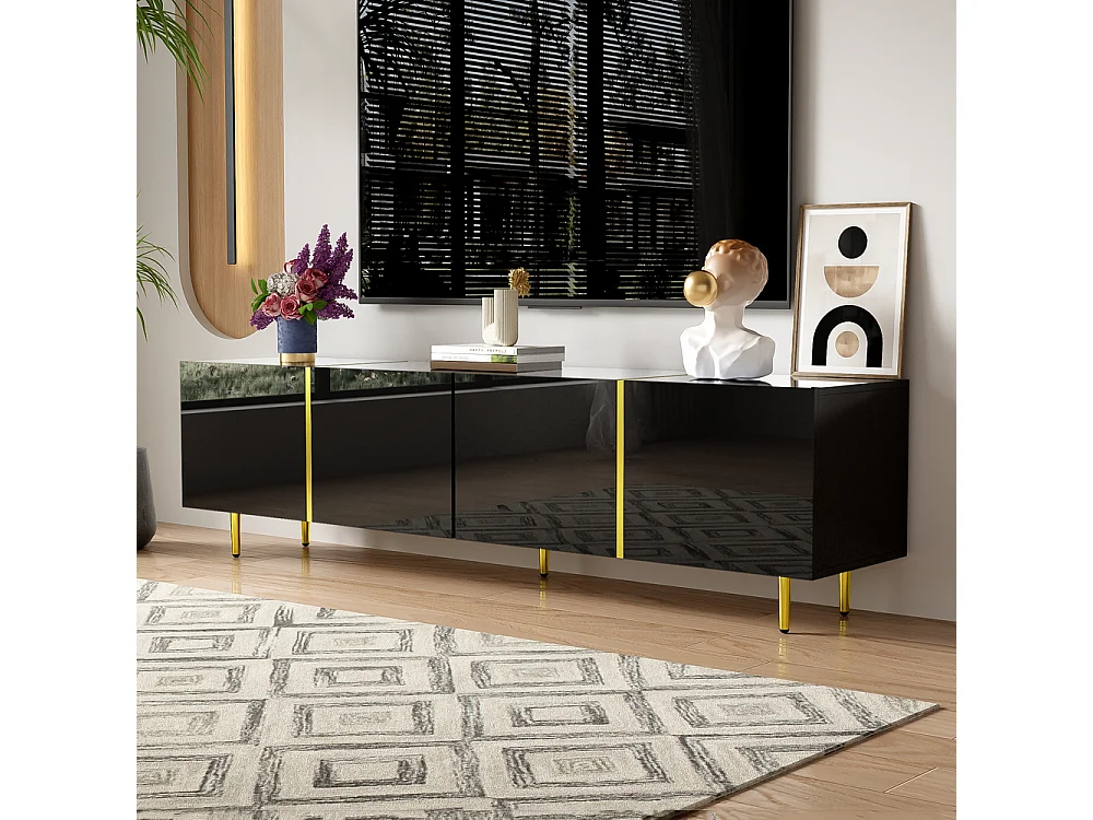 Meuble TV brillante avec 4 portes moderne et sobre et or Noir