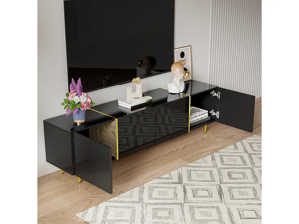 Meuble TV brillante avec 4 portes moderne et sobre et or Noir
