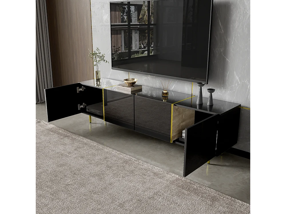 Meuble TV brillante avec 4 portes moderne et sobre et or Noir