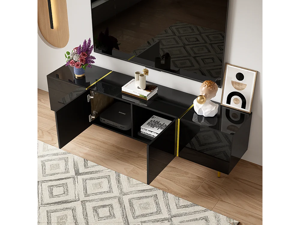 Meuble TV brillante avec 4 portes moderne et sobre et or Noir