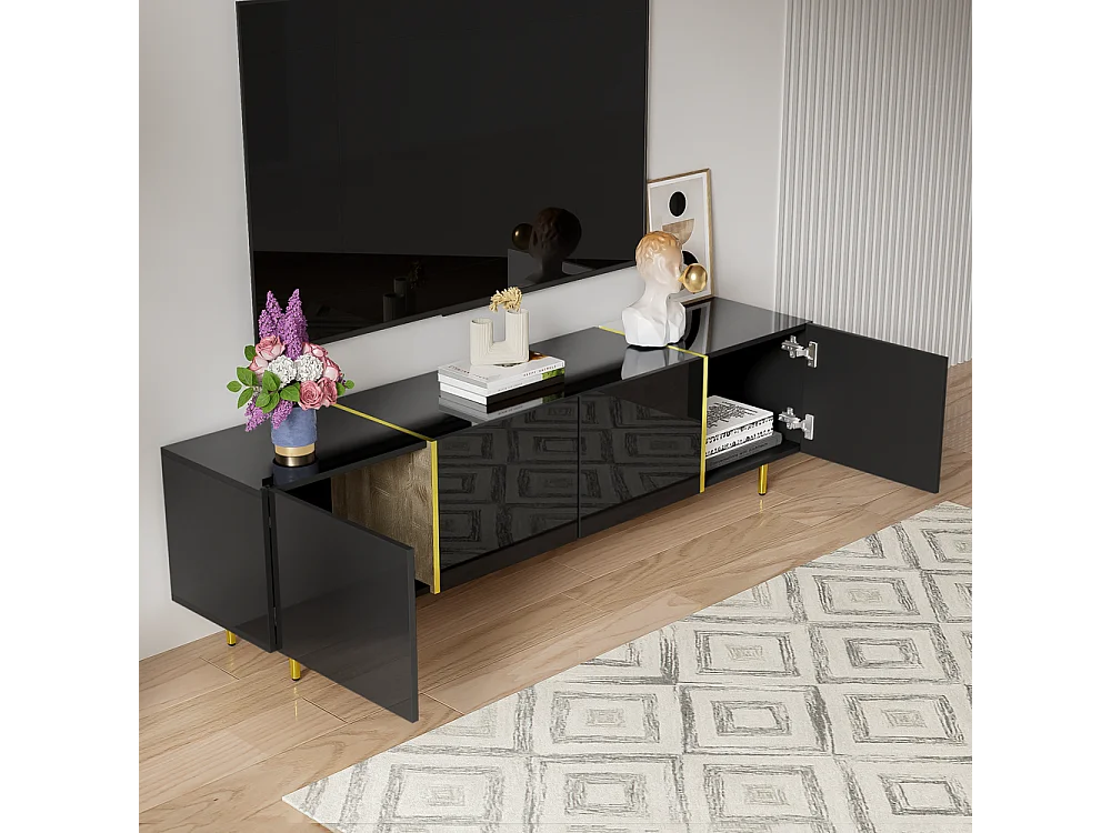 Meuble TV brillante avec 4 portes moderne et sobre et or Noir
