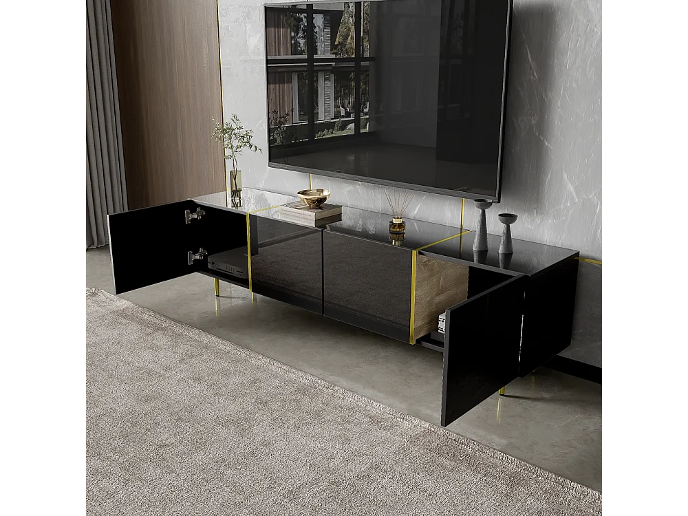 Meuble TV brillante avec 4 portes moderne et sobre et or Noir