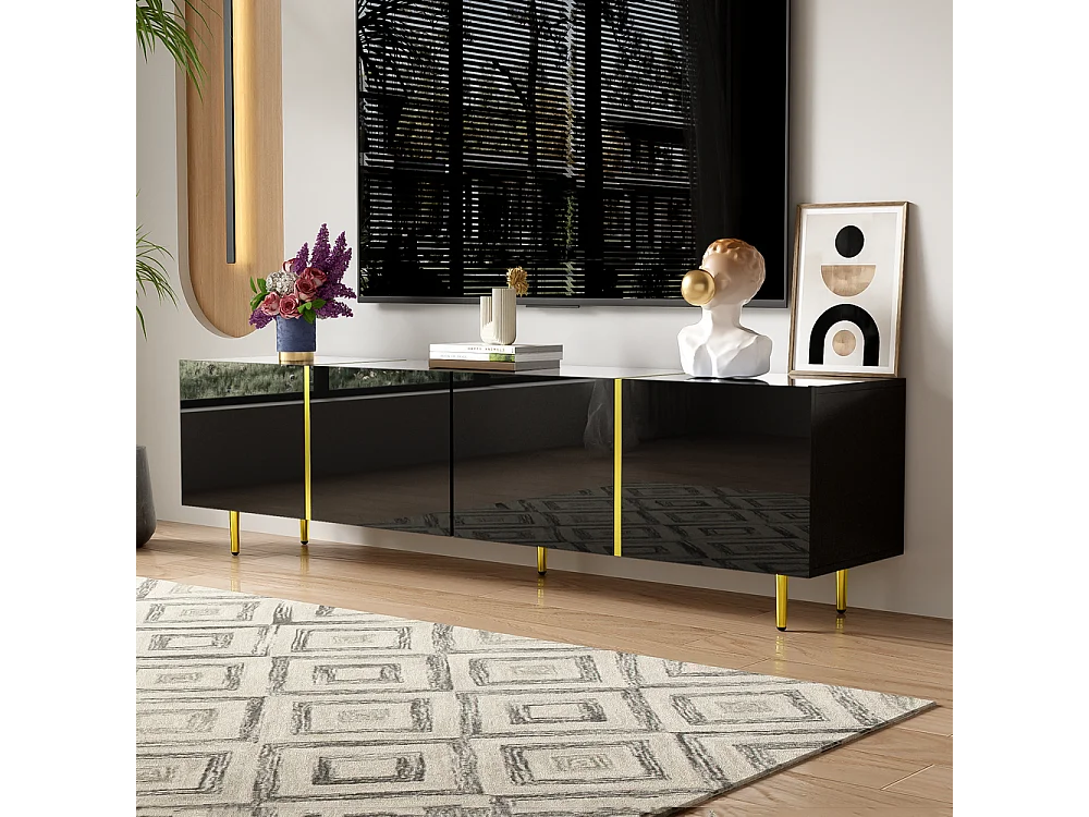 Meuble TV brillante avec 4 portes moderne et sobre et or Noir