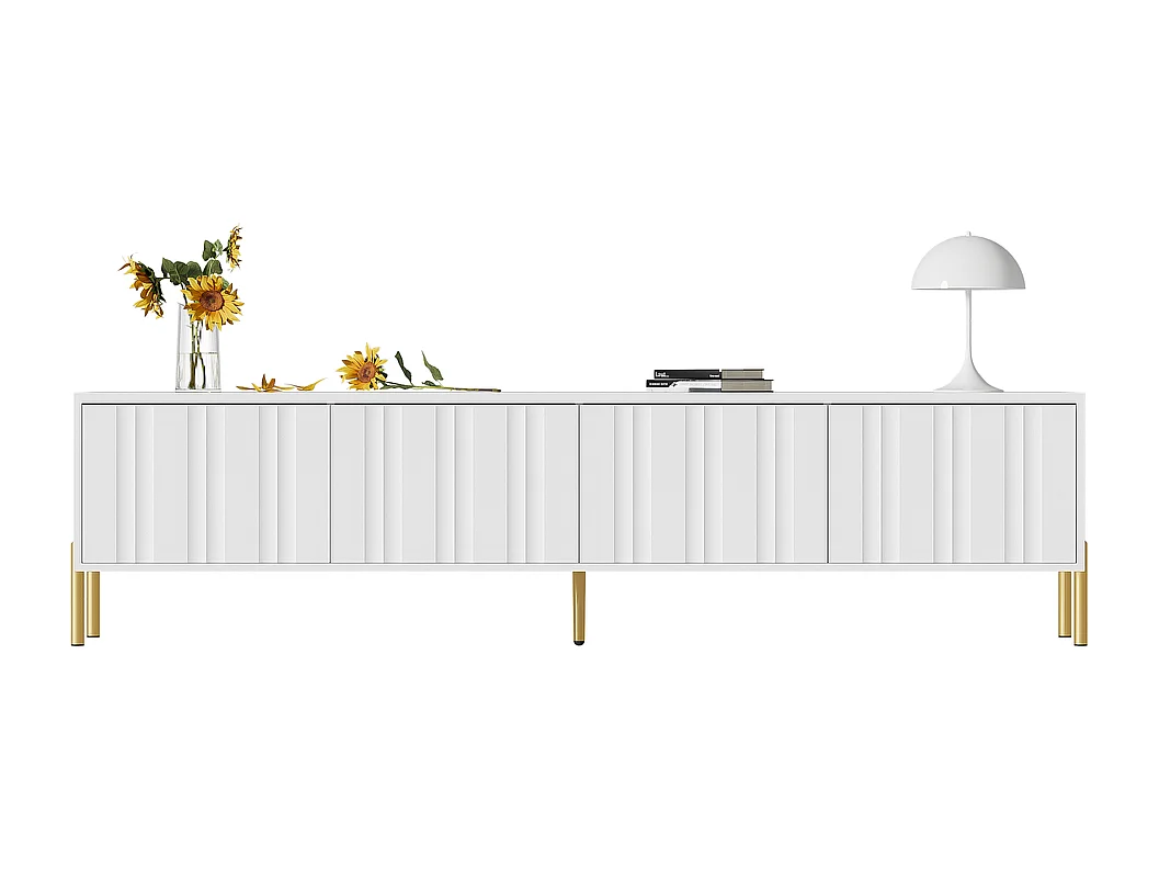 Meuble TV design de porte rainuré pieds de table dorés Blanc