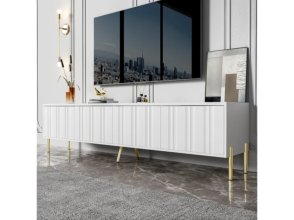 Meuble TV design de porte rainuré pieds de table dorés Blanc