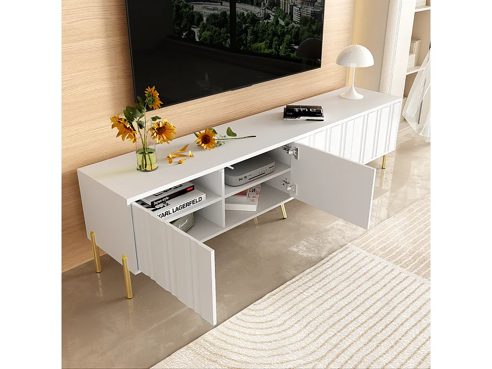 Meuble TV design de porte rainuré pieds de table dorés Blanc