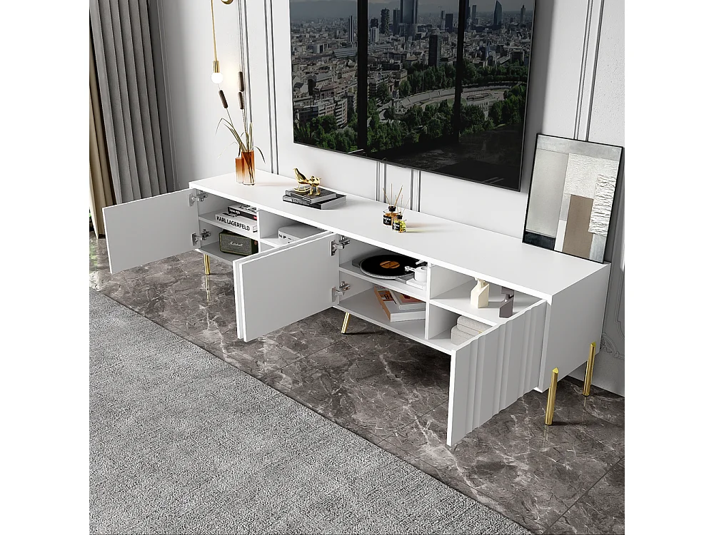 Meuble TV design de porte rainuré pieds de table dorés Blanc