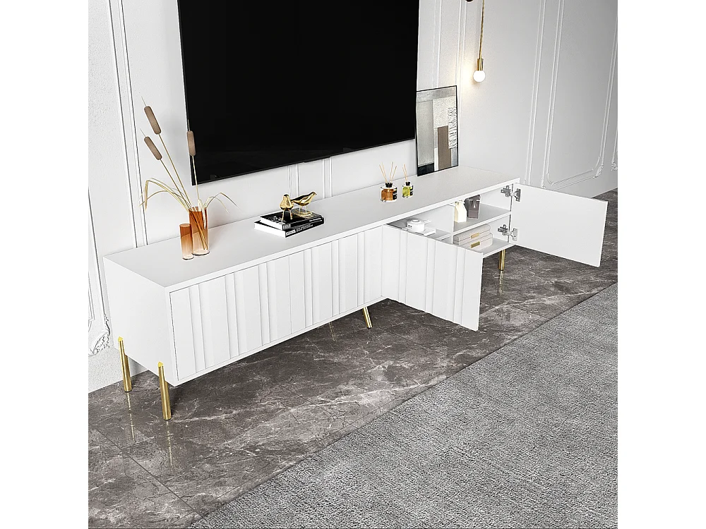 Meuble TV design de porte rainuré pieds de table dorés Blanc